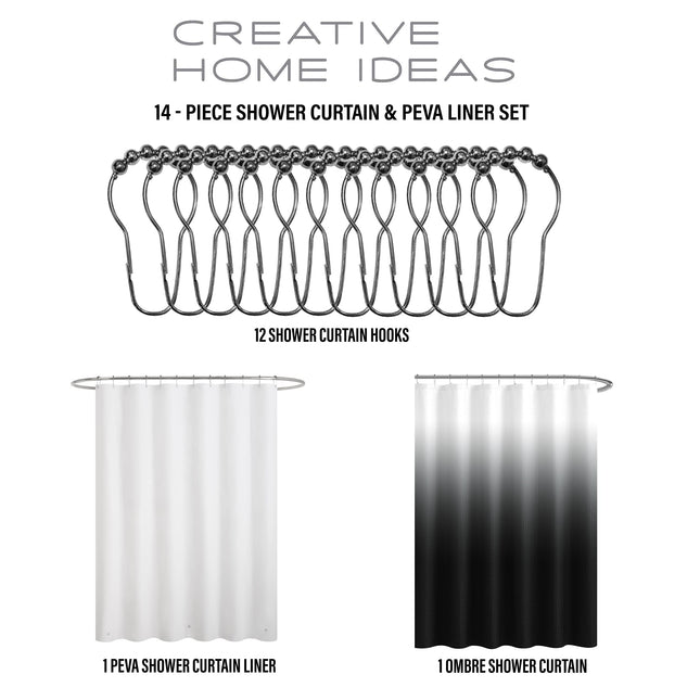 Creative Home Ideas Black White Ombre 14 Piece Shower Curtain, Hooks & Liner Bathroom Set� Includes 1 70x72 Ombre Shower Curtain, 1 Frosted 70x72 PEVA Shower Liner, and 12 Shower Hooks