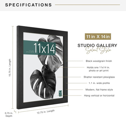 MCS Studio Gallery 11x14 Picture Frame Black Woodgrain Shatter Resistant Glass, Rectangle Photo Frame for Photos, Posters & Art Prints (1-Pack)
