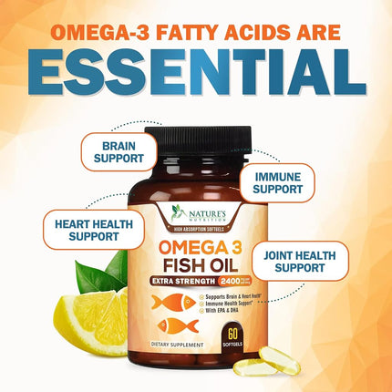 Omega 3 Fish Oil Supplements - 2400mg Fish Oil Per Serving - Triple Strength Omega-3 with EPA & DHA Fatty Acids - Natural Heart, Brain & Immune Support - Wild Caught, Bottled in USA - 60 Softgels