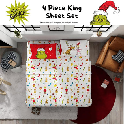 Franco Collectibles Dr. Seuss Le Grinch Parure de lit de Noël et des fêtes ultra douce en microfibre 4 pièces king size (produit sous licence officielle)