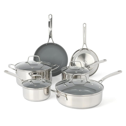 Martha Stewart Delaroux 10 Piece Stainless Steel Pots and Pans Kitchen Cookware Set w/PFAs Free Premium Nonstick Ceramic Interior