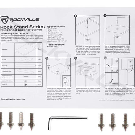 Rockville Pair RS37W V2 Soportes de acero para altavoces de estantería/Monitores de estudio de 37", capacidad de 60 lbs, gestión de cables, almohadillas antivibración, patas ajustables, para audio doméstico y monitorización de estudio