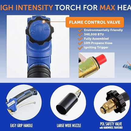 Flame King Propane Torch Kit Heavy Duty Weed Burner, 340,000 BTU with Piezo Igniter (Self Igniting), with 6 ft Hose Regulator Assembly