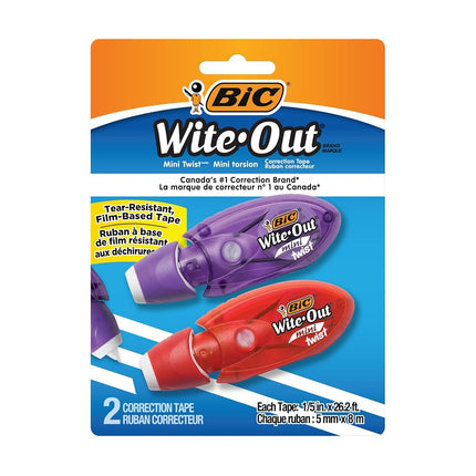 BIC Wite-Out Brand Mini Twist Correction Tape, 26.2 Feet, 2-Count Pack of white Correction Tape, Fast, Clean and Easy to Use Tear-Resistant Tape Office or School Supplies