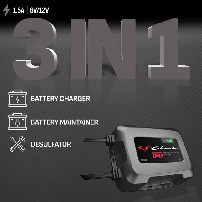Schumacher Electric On-Board Battery Charger and Maintainer, 3-in-1, SC1587, 1.5 Amps, 6 Volt, 12 Volt, Fully Automatic, Mounts Under Hood, for Car, Truck, and Large Vehicle Batteries