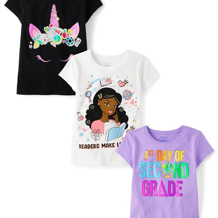 The Children's Place Girls' School Days Short Sleeve Graphic T-Shirts, Multipack, 1st Day of Second Grade/Reader/Unicorn, Small