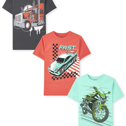 The Children's Place Camiseta gráfica de manga corta con deportes extremos para niños, paquete de 3 con camión/coche de carreras/motocicleta, XX-Large