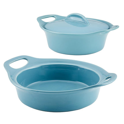 Rachael Ray Solid Glaze Ceramics Casserole Bakeware/Baker Set with Shared Lid, 3 Piece, Agave Blue