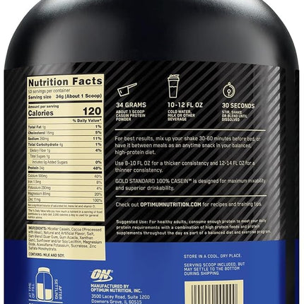 OPTIMUM NUTRITION Gold Standard 100% Casein Protein Powder, Chocolate Supreme Flavour, 1.82kg - [packaging may vary]