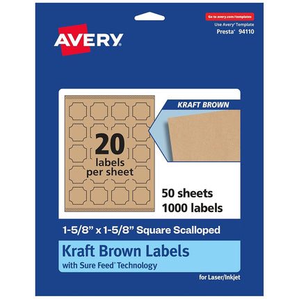 Avery Kraft Brown Square Scalloped Labels with Sure Feed, 1-5/8" x 1-5/8", 1,000 Kraft Brown Labels, Print-to-The-Edge, Laser/Inkjet Printable Labels