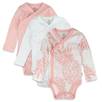 HonestBaby Bodysuits tipo kimono de algodón orgánico de manga larga con broches laterales para bebé (paquete de 3), piña rosa, de 6 a 9 meses