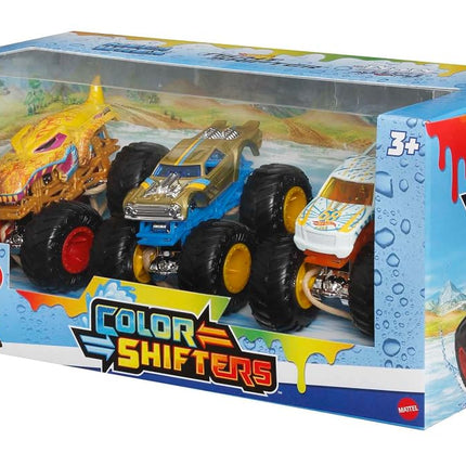 Hot Wheels Monster Trucks Coffret de 3 mini-véhicules Color Shifters 1:64, les Monster Trucks changent de motifs dans l'eau froide et retrouvent leur aspect initial dans l'eau chaude, jouet pour enfants, HGX20
