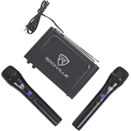 Rockville RWM1203VH Dual Wireless Handheld Microphone System, 2 Mics, VHF Long Range, Clear Sound, Digital Display, for Karaoke, Stage, Church, Live Events