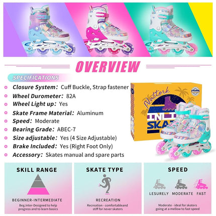 Kids Inline Skates for Girls Boys - Teal Blades Roller for Kids Age 4 5 6 7- Adjustable All Light up Wheels Indoor Outdoor Sports
