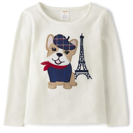 Gymboree Girls' and Toddler Embroided Graphic Long Sleeve T-Shirts, Parisian Dog, 12