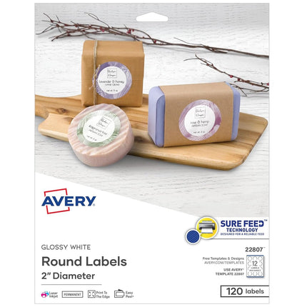Avery Easy Peel Print-to-The-Edge Glossy White Round Label, True Print, 2" Diameter, 120 Labels per Pack, Case Pack of 5 (22807)