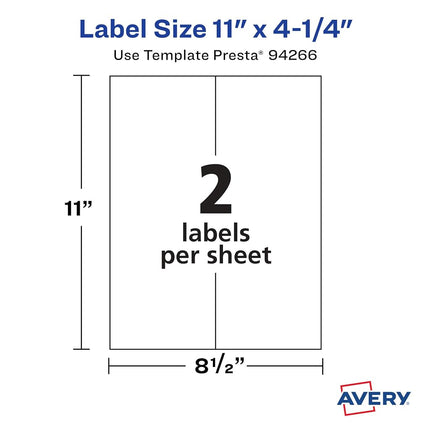 Avery Matte White Rectangle Labels, 11" x 4.25", 200 Matte White Printable Labels