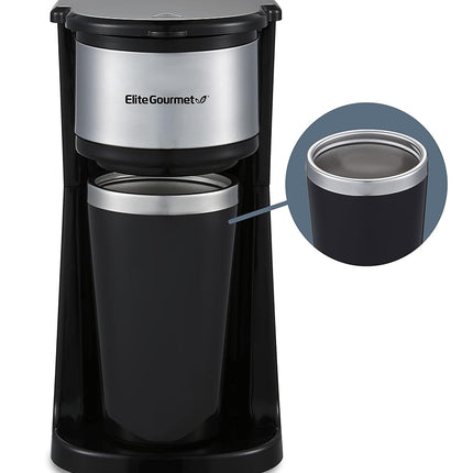 Cafetière compacte individuelle Elite Gourmet EHC112, avec mug de voyage isotherme intérieur en acier inoxydable de 414 ml, compatible avec le café moulu, filtre réutilisable