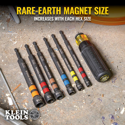 Klein Tools 80182 Ratcheting Impact-Rated Hollow Power Nut Driver Set with Handle, Magnetic, 6 SAE Hex Sizes Plus Zipper Canvas Tool Bag, 12.5 x 7 x 0.7-Inch 8-Piece