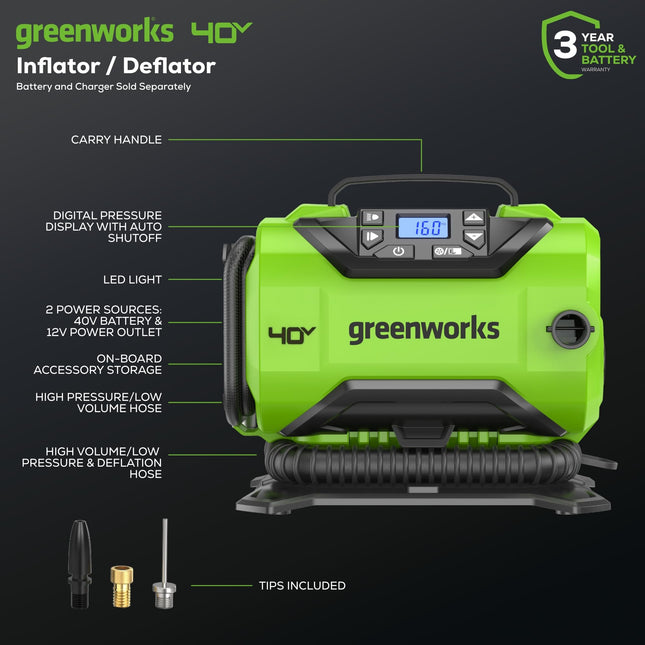 Inflador de neumáticos inalámbrico Greenworks 40V, compresor de aire portátil de 160 PSI, solo herramienta