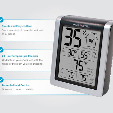 ACURITE 00613 Digital Hygrometer & Indoor Thermometer Pre-Calibrated Humidity Gauge, Black, 3" H x 2.5" W x 1.3" D