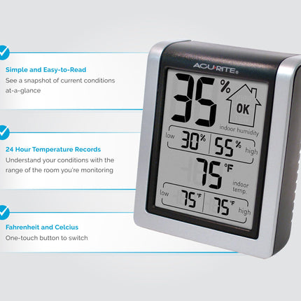 ACURITE 00613 Higrómetro digital y termómetro para interiores, medidor de humedad precalibrado, negro, 7.6 cm de alto x 6.3 cm de ancho x 3.3 cm de profundidad
