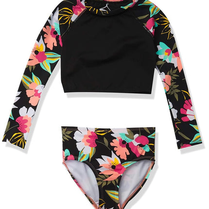 Kanu Surf Girls' Long Sleeve Rashguard Two Piece Swim Set, Tropical Dance Black, 14/16