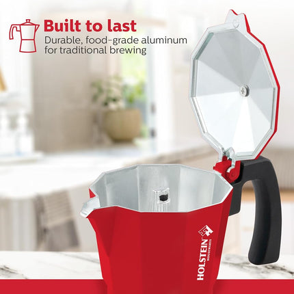 Holstein Housewares 3-Cup Aluminum Espresso Maker - Silver 6 Cup Red