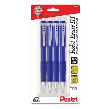 Pentel Twist-Erase III Mechanical Pencil, (0.5mm), Fine Line, Blue Barrel, Pack of 4 (QE515BP4C)
