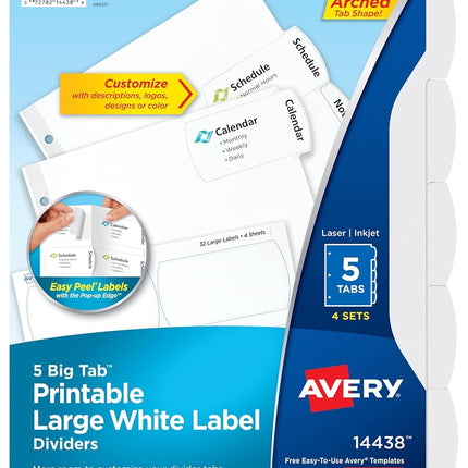 Avery Big Tab Printable Large White Label Dividers with Easy Peel, 5 Tabs, 4 Sets (14438)