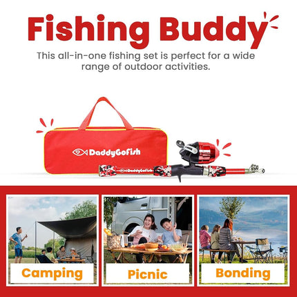 DaddyGoFish Kids Fishing Pole – Telescopic Rod & Reel Combo with Collapsible Chair, Rod Holder, Tackle Box, Bait Net and Carry Bag for Boys and Girls (Red, 4)