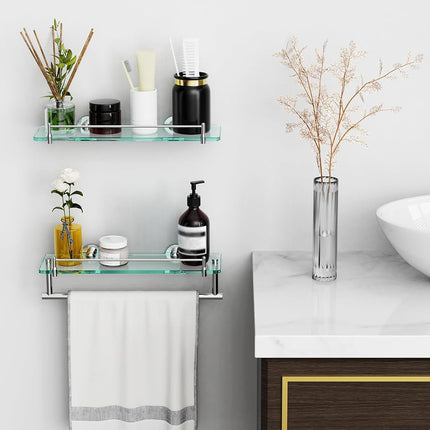 KOCOK 16-Inch Floating Tempered Glass Bathroom Shelf with Towel Bar - Chrome Polished & Stainless Steel, Wall Mount