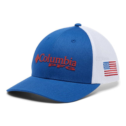 Columbia Unisex PFG Mesh Ball Cap, Mountain Blue/Us Flag, S/M, Mountain Blue/Us Flag, S/M
