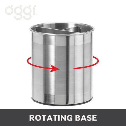 Oggi Jumbo Stainless Steel Rotating Utensil Holder with Removable Divider - Stylish Kitchen Cooking Utensil Organizer. Height 7.5".