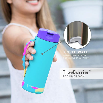 Elemental Iconic Kids Water Bottle - Leak Proof Insulated Water Bottle with Straw Lid & Stress Relief Pop It Handle - Stainless Steel Triple Wall Bottle for School, BPA-Free, 414ml - Blue Tie Dye