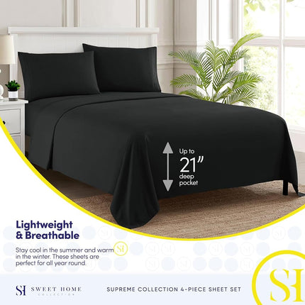 Queen Size Bed Sheets - Breathable Luxury Sheets with Full Elastic & Secure Corner Straps Built In - 1800 Supreme Collection Soft Deep Pocket Bedding, Sheet Set, EXTRA DEEP pocket - Queen, Black