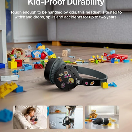 Belkin SoundForm Mini Kids Wireless Headphones w/Built-in Microphone, 30H of Playback Time, Fun Stickers, & Case - Over-Ear Headsets for Online Learning, School, iPhone, iPad, Galaxy, & More - Black