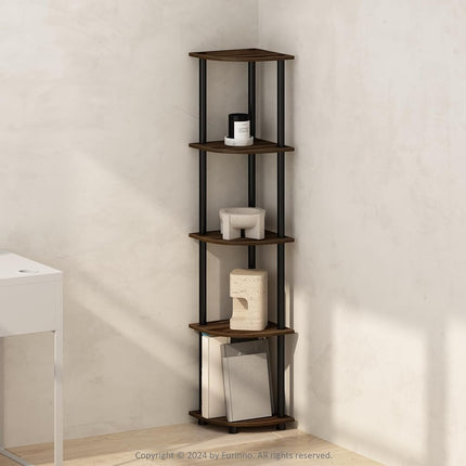 Furinno TURN-N-TUBE Corner Shelf, 5-Tier Corner Bookshelf, Open Storage Shelves, for Organization and Storage, Living Room, Home Office, Garage, Bedroom, Columbia Walnut