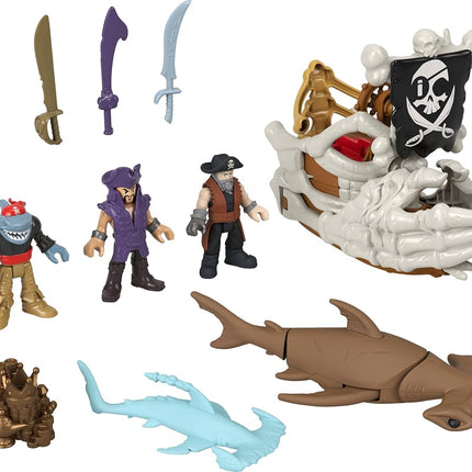 Fisher-Price Imaginext Billy Bones Pirate Ship Playset with Accessories 3 Action Figures & Toy Boat with Skeleton Hands and Launcher, 7 Accessories for Pirate Adventures