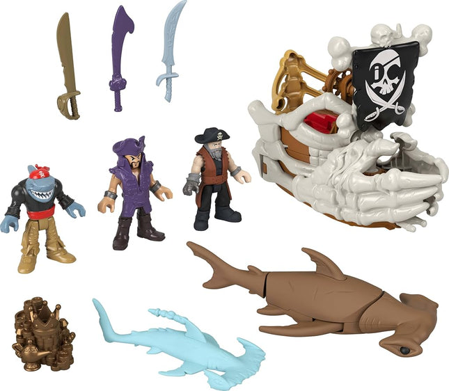 Fisher-Price Imaginext Billy Bones Pirate Ship Playset with Accessories 3 Action Figures & Toy Boat with Skeleton Hands and Launcher, 7 Accessories for Pirate Adventures
