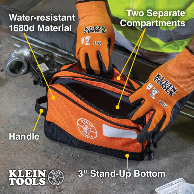 Klein Tools 55582 Bolsa con cremallera para herramientas, doble compartimento, organizador de herramientas de alta resistencia de 10 x 6 pulgadas, multiusos para herramientas y manualidades