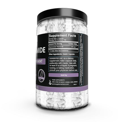 Pure Niacinamide (Vitamin B3), 730 Capsules, 2-Year Supply, No Magnesium Filler, Gluten-Free, No Flush, Made in The USA, 500 mg Natural & Undiluted Niacinamide (Vitamin B3)