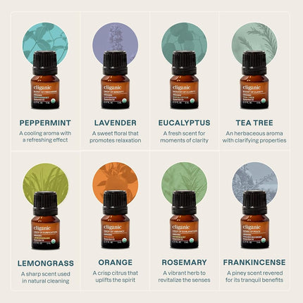Cliganic Organic Aromatherapy Essential Oils Gift Set (Top 8), 100% Pure - Peppermint, Lavender, Eucalyptus, Tea Tree, Lemongrass, Rosemary, Frankincense & Orange