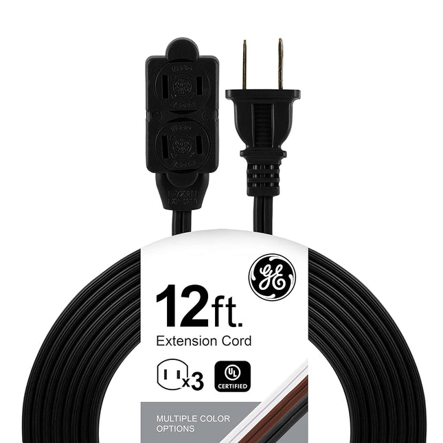GE 3-Outlet Power Strip, 12 Ft Extension Cord, 2 Prong, 16 Gauge, Twist-to-Close Safety Covers, Indoor Rated, Perfect for Home, Office or Kitchen, UL Listed, Black, 45152