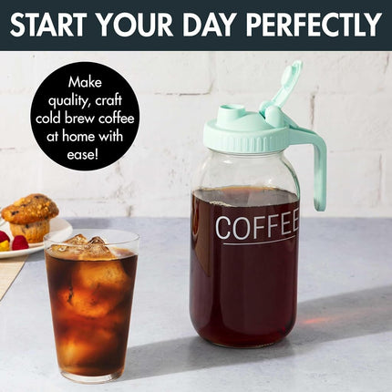 Cafetière à infusion à froid Primula Mason Jar avec filtre en acier inoxydable et couvercle verseur facile, pichet en verre durable qui s'adapte à la plupart des portes de réfrigérateur, lavable au lave-vaisselle, fabriquée sans BPA, 2 litres, Aqua
