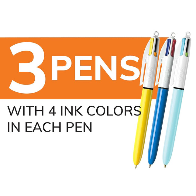 BIC 4-Color Ballpoint Pens, Medium Point (1.0mm), 4 Colors in 1 Set of Multicolored Pens, 3-Count Pack, Pens for School Supplies
