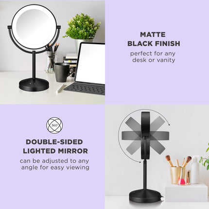 Espejo de Maquillaje Iluminado Conair, Espejo de Tocador LED de Doble Cara con Aumento 1X/10X, 3 Ajustes de Luz, 3 Modos, Rotación de 360°, Acabado Negro Mate