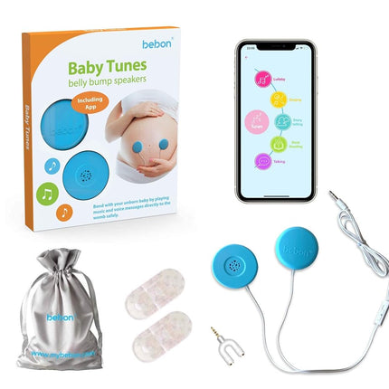 Auriculares para el Vientre de la Madre – Reproduce y Comparte Música, Sonidos y Voces al Útero – Sistema de Altavoces Premium para el Vientre del Bebé – Incluye la aplicación bebon Tunes (iOS y Android) (Azul)