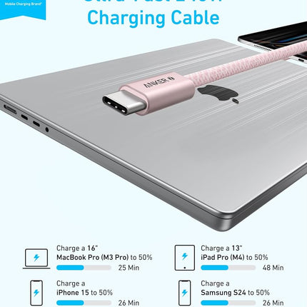 Anker Zolo USB C to USB C Cable, Braided and Dirt-Free Type-C Fast Charging Cable, Slim Connector, for iPhone 16 Series, MacBook (240W) (Pink, 3FT)