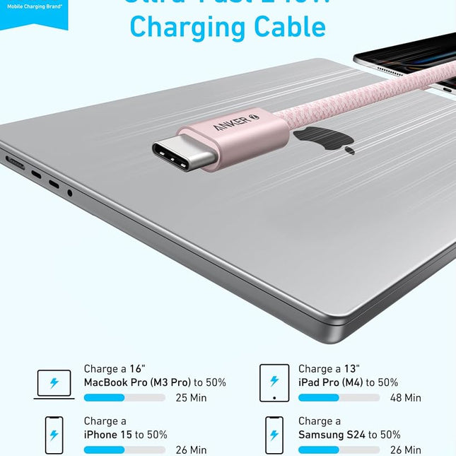 Anker Zolo USB C to USB C Cable, Braided and Dirt-Free Type-C Fast Charging Cable, Slim Connector, for iPhone 16 Series, MacBook (240W) (Blue, 6FT)